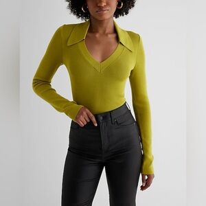 Express Chartreuse Silky Soft V-Neck Long Sleeve Sweater